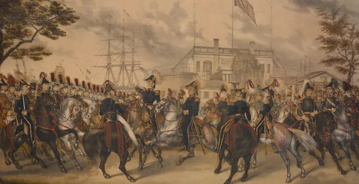 Historical print of a 19th-century military cavalry parade on horseback near a harbor from 200 years ago