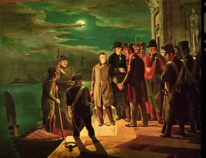 Painting of figures gathered by a gondola at night, representing historical treasures from the 19th century