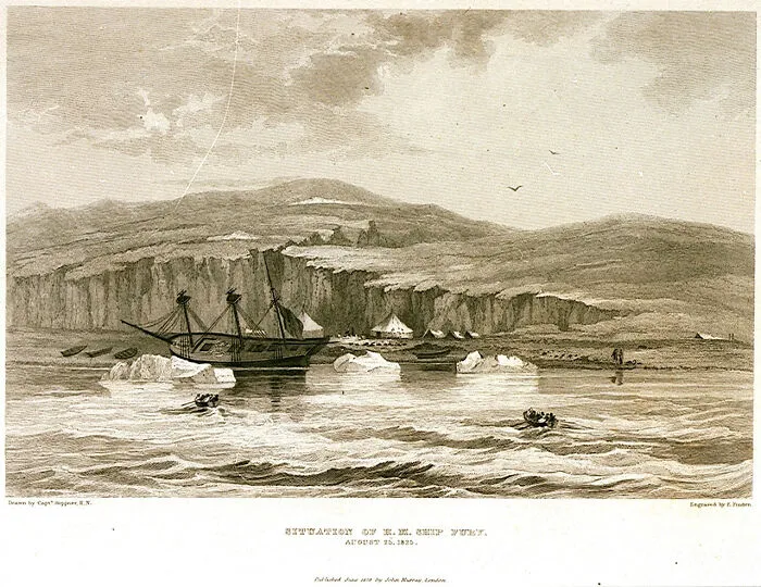 Historical treasures engraving showing a ship stranded near icy cliffs in 1825