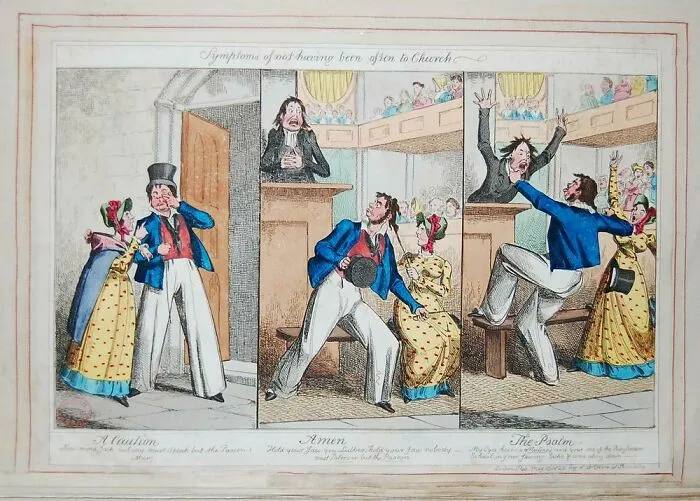 Satirical three-panel illustration depicting churchgoers in a historical treasures print from 200 years ago