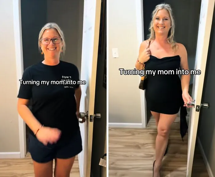 Fun mother makeovers showing a smiling mom in a black t-shirt and then a glamorous black off-the-shoulder dress.