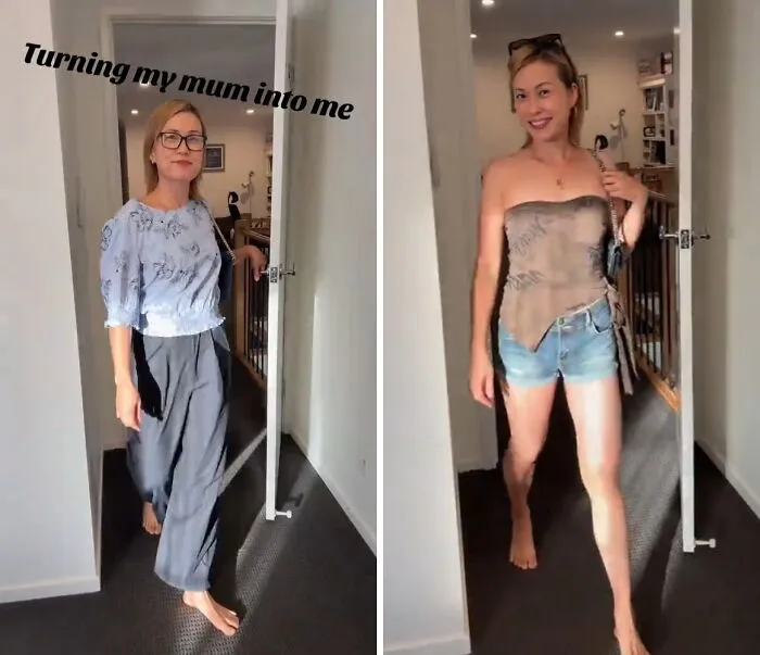 Mother makeovers showing a mom transitioning from a modest blue blouse and trousers to a stylish strapless top.