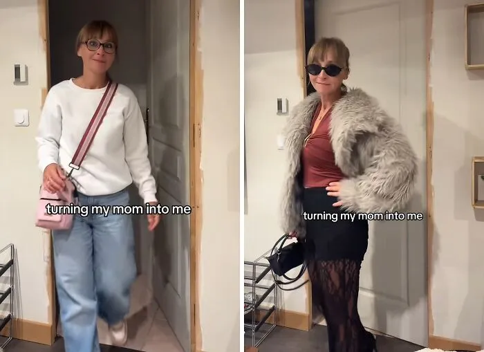 Side-by-side mother makeovers comparison showing a mom in a white sweatshirt, then in a stylish faux fur coat and shorts.