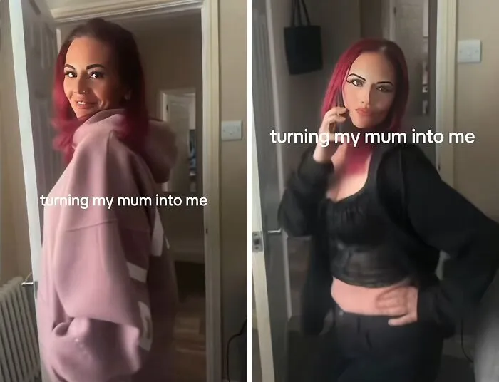 Transformation of a mom in a pink hoodie to a stylish black top and jacket during a mother makeovers session.