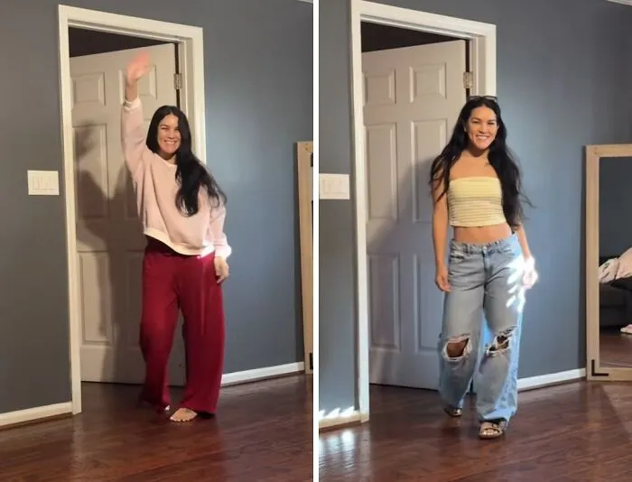 Before and after mother makeovers comparison featuring a mom in casual loungewear and then in a trendy tube top and jeans.