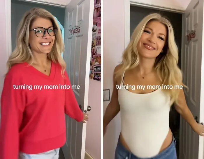 Side-by-side comparison of a mother makeovers showing a mom in a pink sweater, then in a stylish white bodysuit.