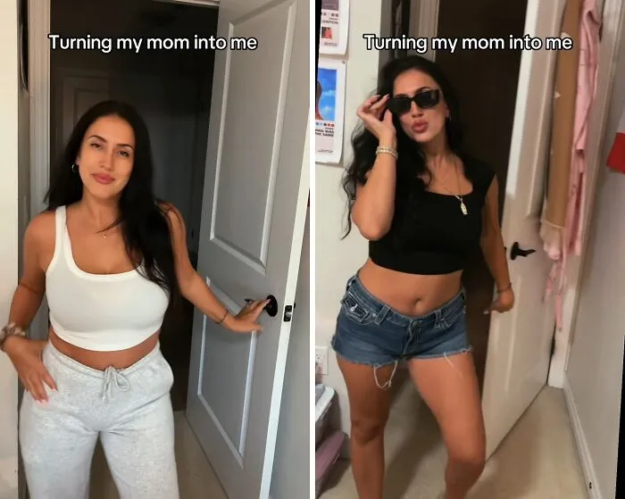 Side-by-side mother makeovers comparison of a mom in a white tank top and then a trendy black crop top with shorts.