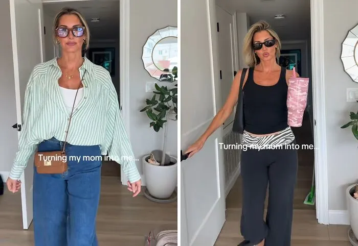 Mother makeovers before and after showing a mom in casual clothes and then a stylish black tank top and yoga pants.
