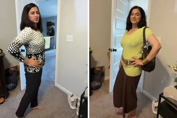 Before and after mother makeovers photo of a mom in a patterned top, then in a modern lime green shirt and brown skirt.