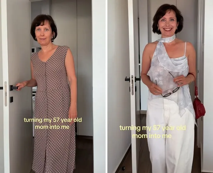 A 57-year-old mother in a polka dot dress transformed into a chic halter top for a mother makeover