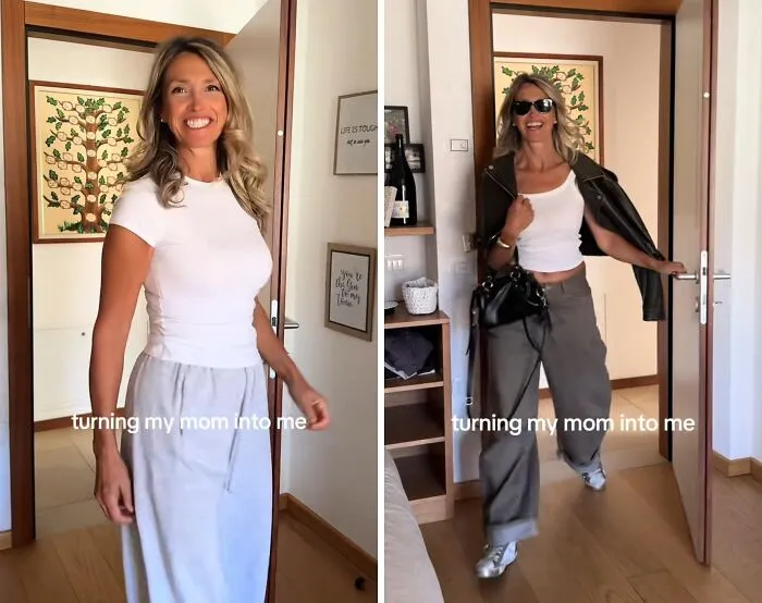 A mother wearing casual gray sweatpants, then in a stylish jacket and sunglasses after a mother makeover