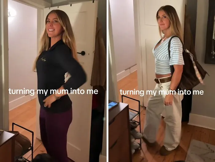 A mother in a dark shirt and leggings, transformed with stylish wide-leg pants in a mother makeover