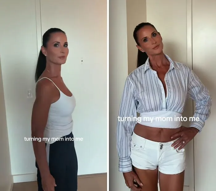 A mother wearing a casual white top, then styled in white shorts for a mother makeover