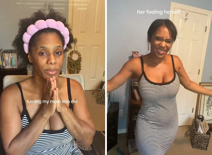 A split screen showing a mother before and after a mother makeover into a striped dress