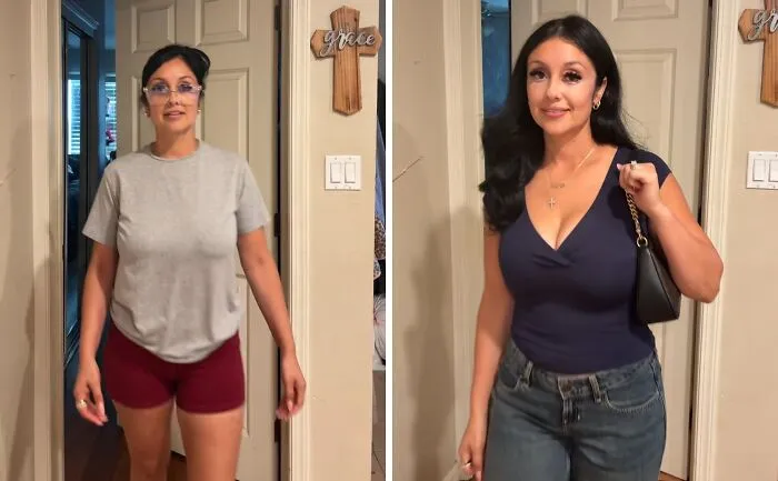 Side-by-side mother makeovers of a brunette mom in casual shorts, then transformed in a dark blue top and jeans.