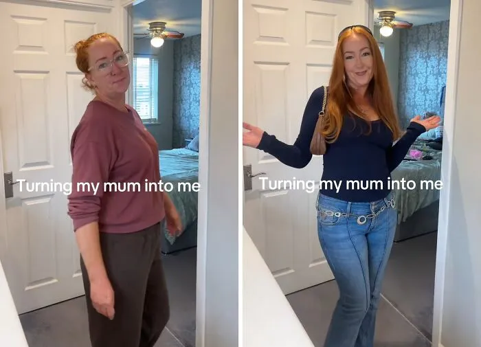 Before and after mother makeovers of a red-haired woman in loungewear, then dressed in a chic blue top and jeans.