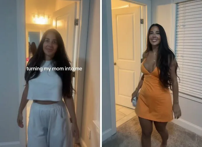A woman showing mother makeovers from wearing white sweatpants to a vibrant orange mini dress.