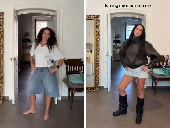 Mother makeovers showing a curly-haired woman in a white tee, then styled in a leather jacket and mini skirt.