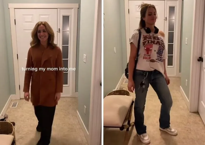 Mother makeovers before and after of a woman in an elegant brown coat, then in a casual graphic tee and jeans.