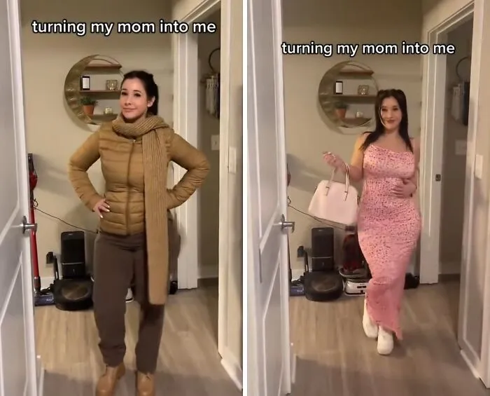 A mother makeover showing a woman in a casual brown puffer jacket, transitioning to an elegant pink floral dress.
