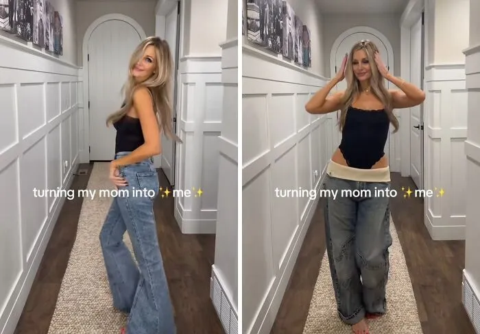 Before and after mother makeovers of a woman in jeans, showcasing her stylish transformation in trendy outfits.