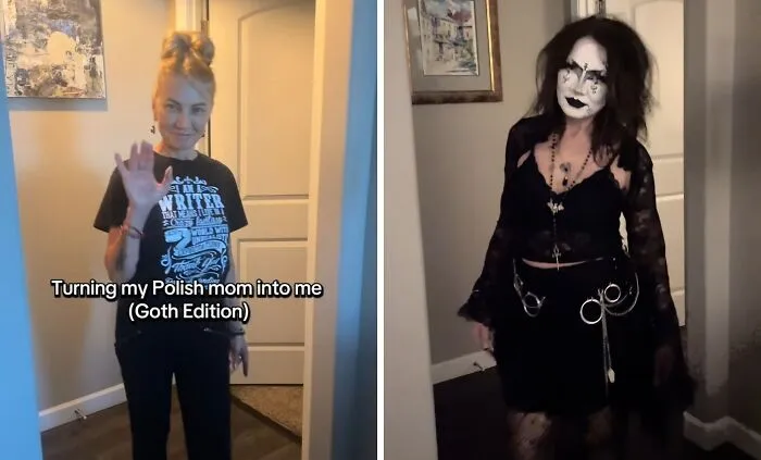 Dramatic goth style mother makeovers featuring a mom before and after a dark makeup and outfit transformation.