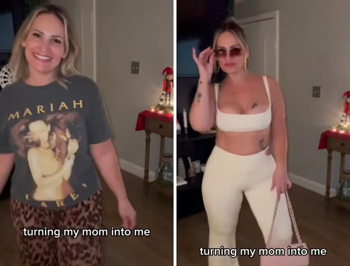Stunning mother makeovers of a mom switching from a graphic tee to a trendy white two-piece set with a purse.