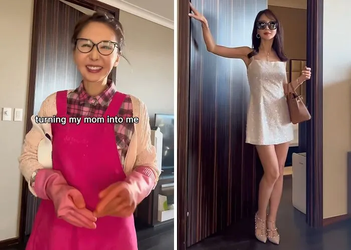 Glamorous mother makeovers showcasing a mom transitioning from kitchen apron to a chic sequin dress with sunglasses.