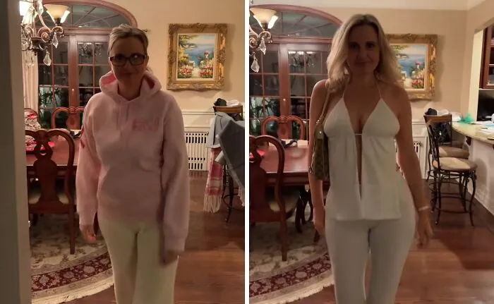 Mother makeovers showing a mom posing in a cozy pink hoodie and then a modern white halter neck set.