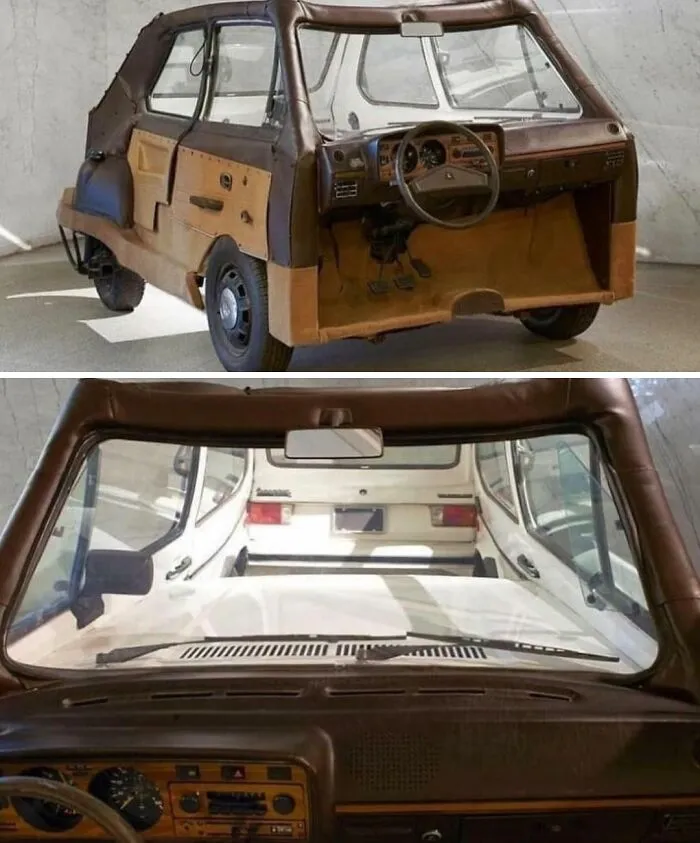 A strange vehicle covered in brown leather fabric, showing an interior and exterior view of wonderful vehicles.