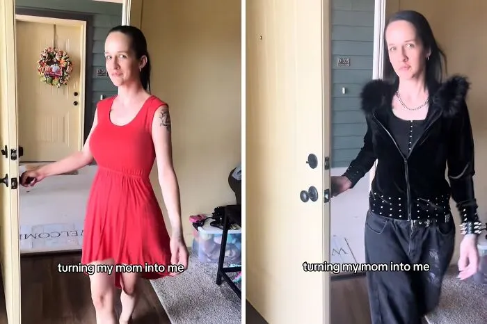 Side-by-side mother makeovers showing a simple red dress versus an edgy black jacket and dark jeans outfit.