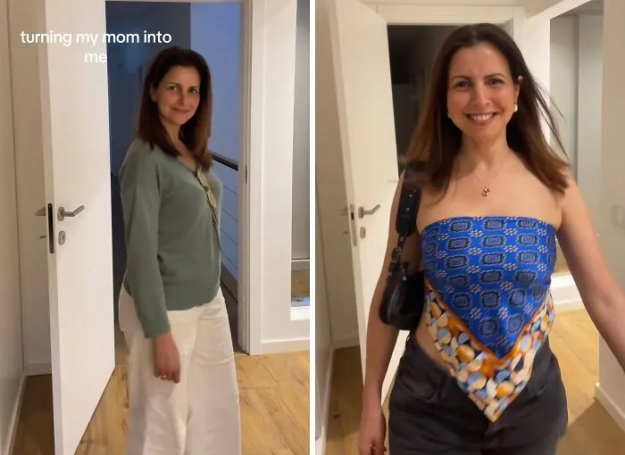 Side-by-side mother makeovers showing a simple green top versus a trendy blue scarf top with dark pants.