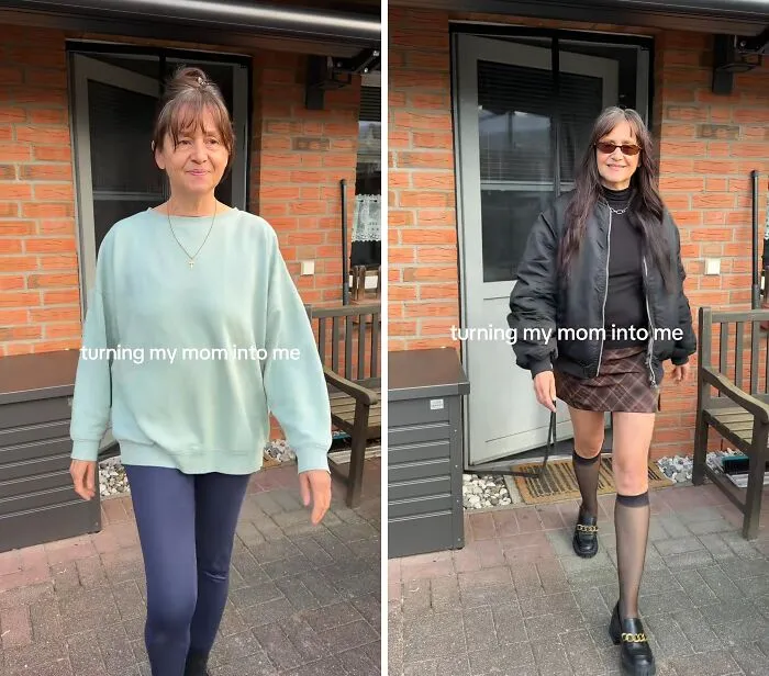 Side-by-side mother makeovers showing a casual mint sweater versus a stylish black jacket and skirt outfit.