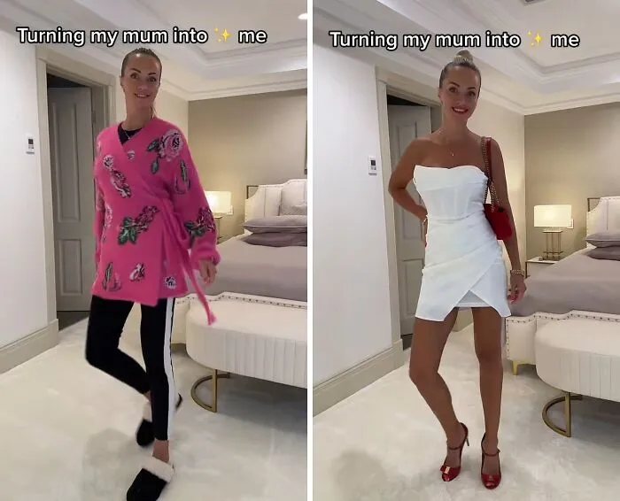 Side-by-side mother makeovers showing a pink wrap cardigan versus a glamorous white strapless dress.