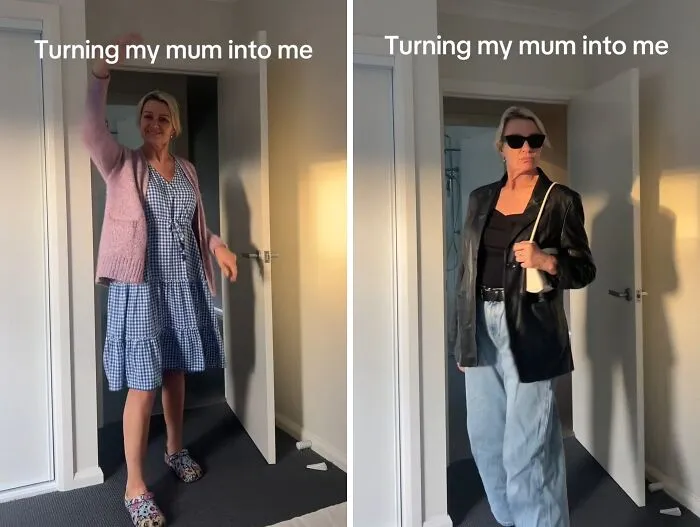 Side-by-side mother makeovers showing a casual gingham dress versus a stylish black leather blazer outfit.