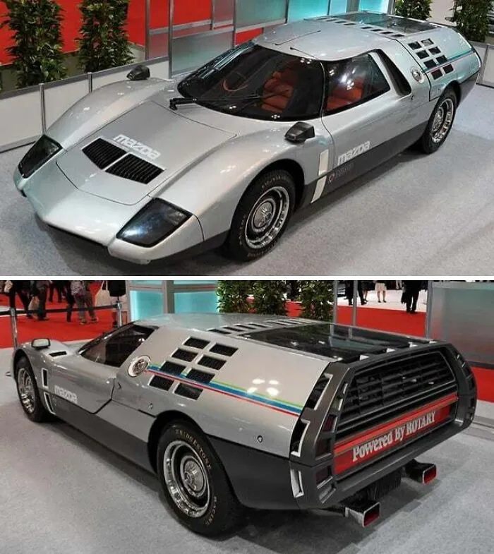 Front and rear view of a retro-futuristic silver Mazda RX-500 rotary sports car, one of the wonderful vehicles.