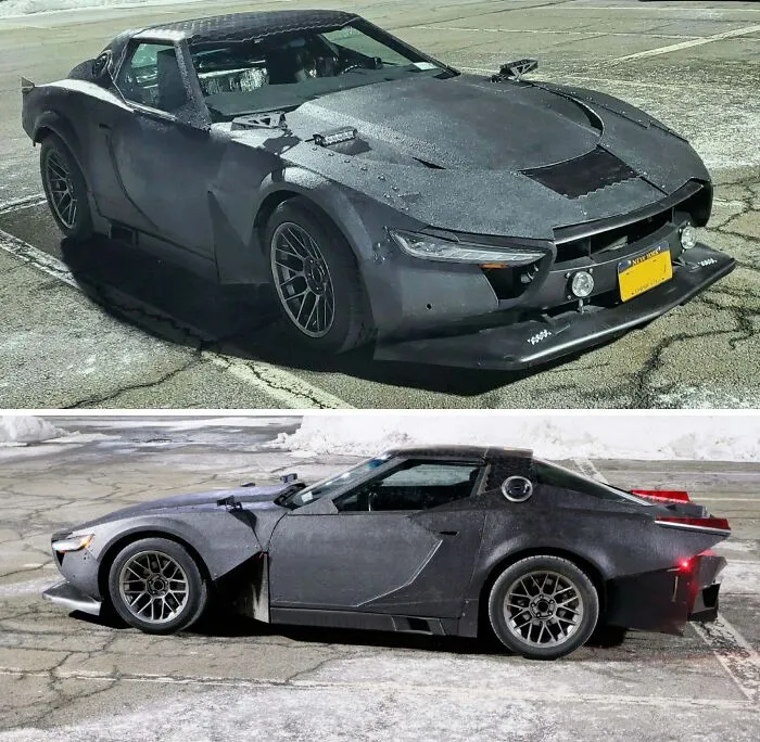 Two angles of a customized matte black sports car, representing wonderful vehicles with futuristic designs.