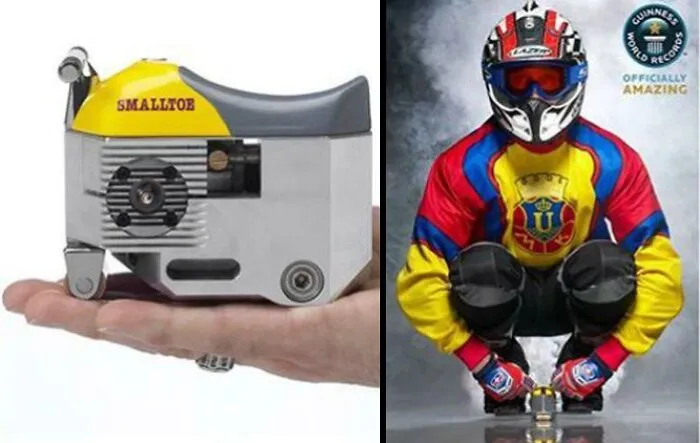 Comparison showing the tiny Smalltoe miniature motorcycle held in a hand next to a rider, one of many weird vehicles.