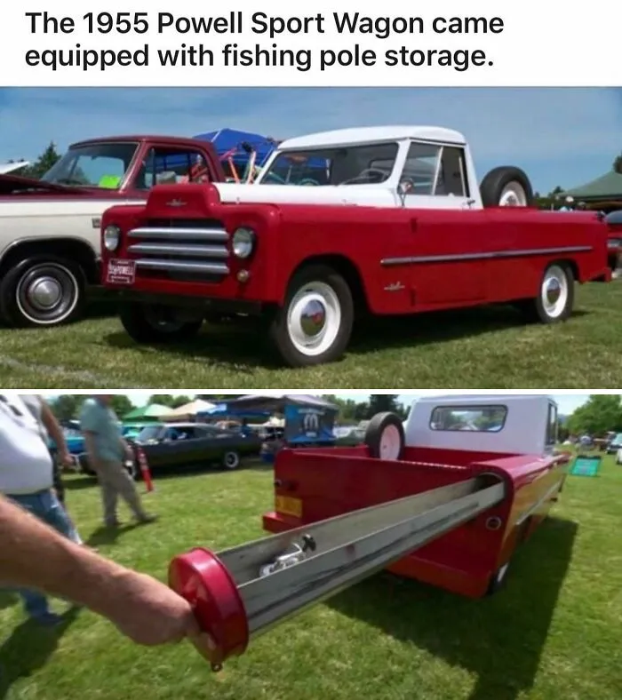 Red 1955 Powell Sport Wagon with a pull-out fishing pole compartment, a prime example of wonderful vehicles.