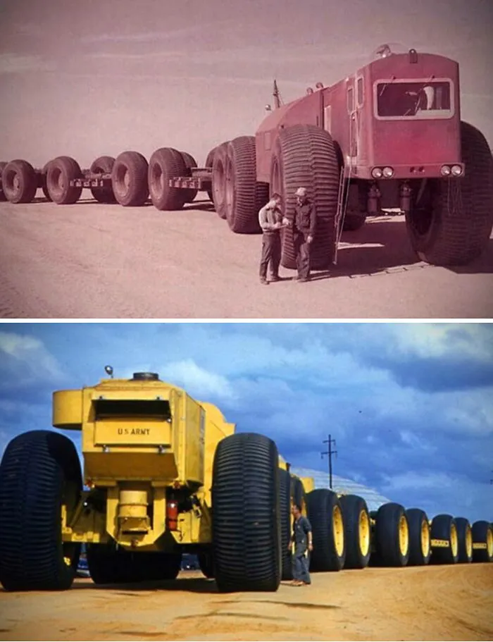 A massive red and yellow land train with huge wheels, one of many wonderful vehicles.