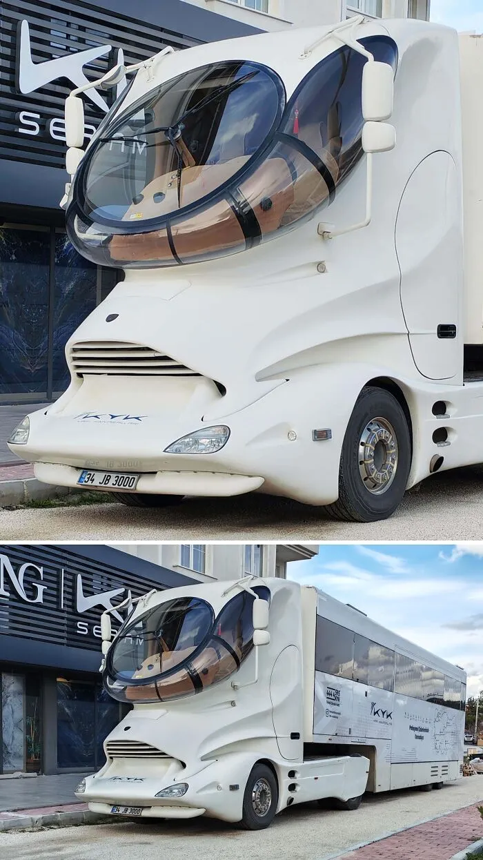 Futuristic white truck with a large rounded glass cockpit, an example of wonderful vehicles.