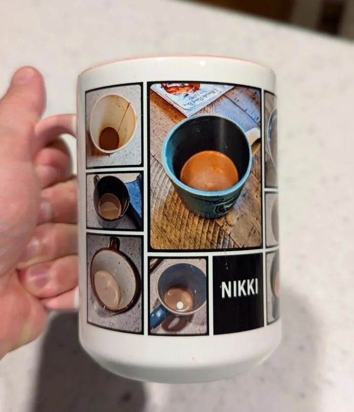 A custom printed mug featuring pictures of unfinished coffee mugs, depicting cute things wives do.