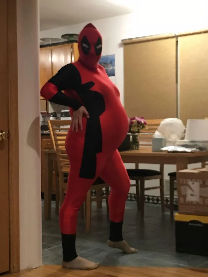 A pregnant wife wearing a Deadpool costume, a ridiculous thing husbands post