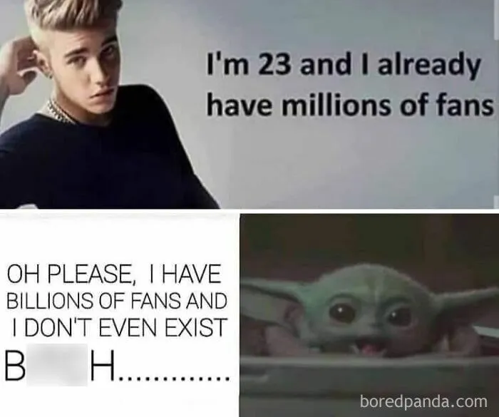 Cringe memes comparing Justin Bieber with Baby Yoda from Star Wars
