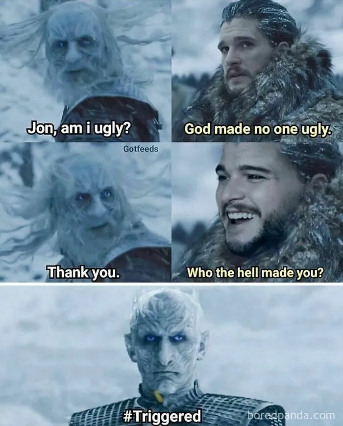 Game of Thrones cringe memes featuring Jon Snow and a White Walker.
