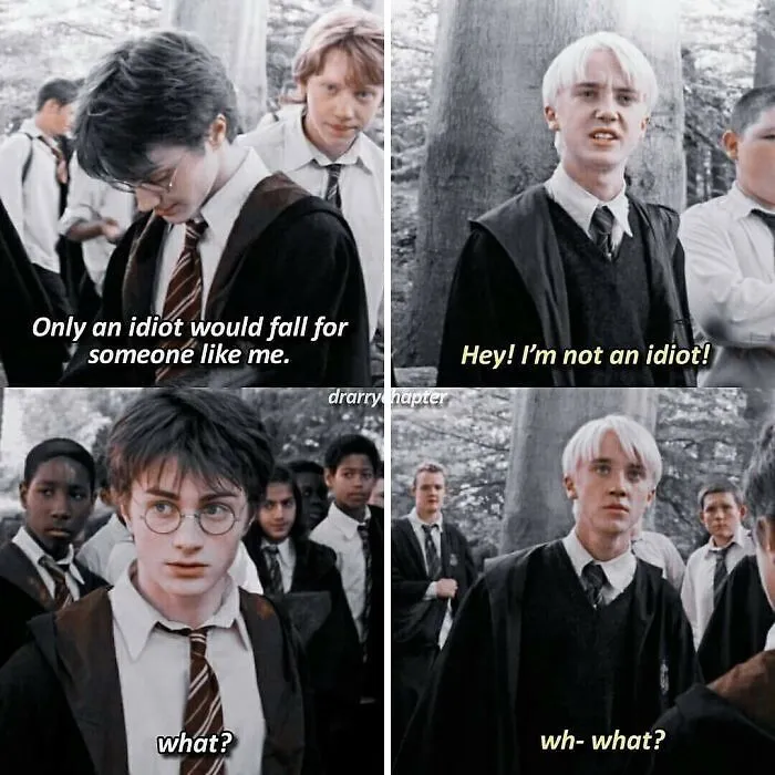 A cringe meme of Harry Potter and Draco Malfoy on a four-panel comic strip with fake subbed text.
