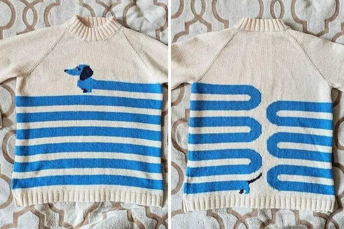 The front and back of a creative hand-knit sweater showing a very long blue dachshund.