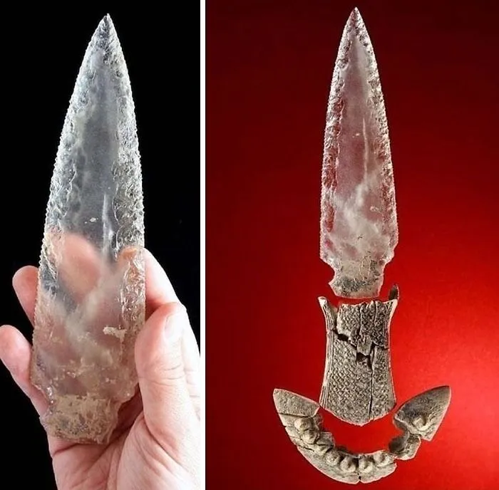 Hand holding a translucent crystal dagger next to a display of its separate parts, showcasing interesting ancient history
