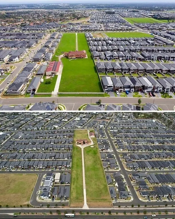 An entertaining aerial view of a single green property within a suburb