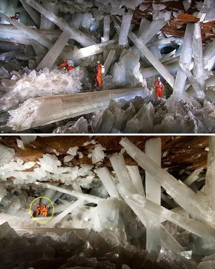 Geologists in orange suits exploring a cave with massive crystals, among these interesting pics of nature